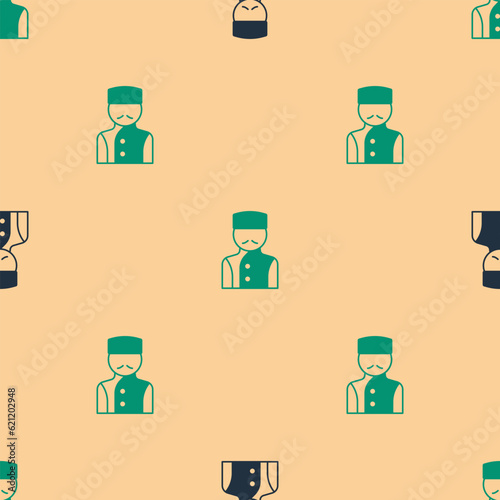 Green and black Concierge icon isolated seamless pattern on beige background. Vector
