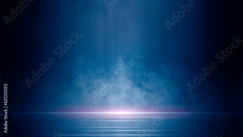 Dark stage shows, blue, and purple background, an empty dark scene, laser beams, neon, spotlights reflection on the asphalt floor, studio room with smoke floating up for display products. © chiew