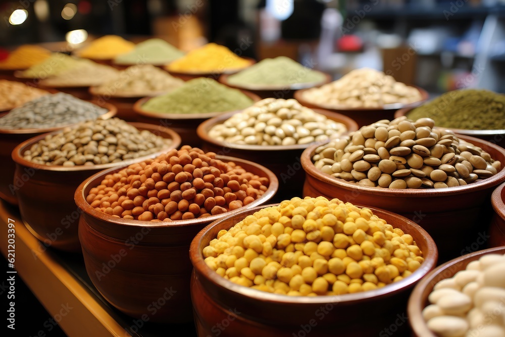 A photograph of a vibrant market stall filled with an array of fresh legumes, enticing customers with their colorful display in