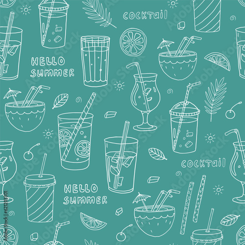 Cute seamless pattern with acoholic and non-acoholic cocktail, lemon slices, mint, ice cubes. Doodle. Great for decoration menu design, packaging, interior, print posters, banner. Isolated on blue. 