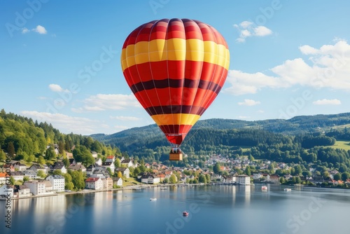 A hot air balloon hovering over a picturesque countryside, with patchwork fields, charming villages, and a winding river meandering through the idyllic landscape © Matthias