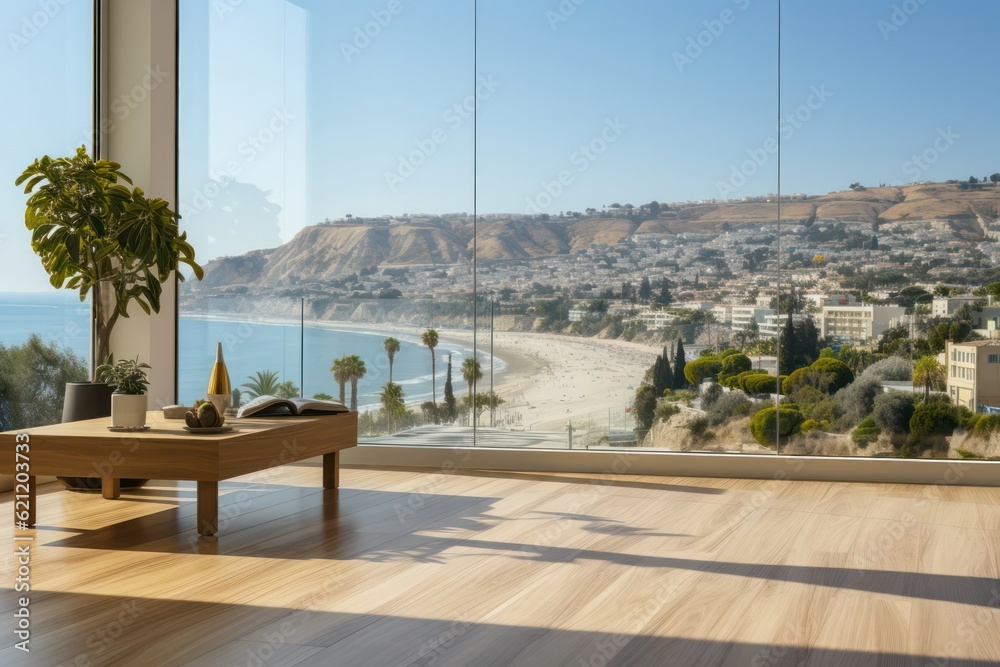 A sunlit yoga loft with a panoramic view of the ocean, creating a tranquil and invigorating atmosphere for yoga enthusiasts seeking a deeper connection with their practice