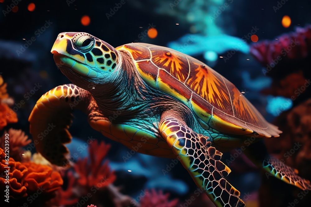 A magnificent sea turtle gracefully swimming through the coral reef, surrounded by a tapestry of vibrant fish, showcasing the harmony and interconnectedness of marine life A magnificent sea turtle gracefully swimming through the coral reef, surrounded by a tapestry of vibrant fish, showcasing the harmony and interconnectedness of marine life