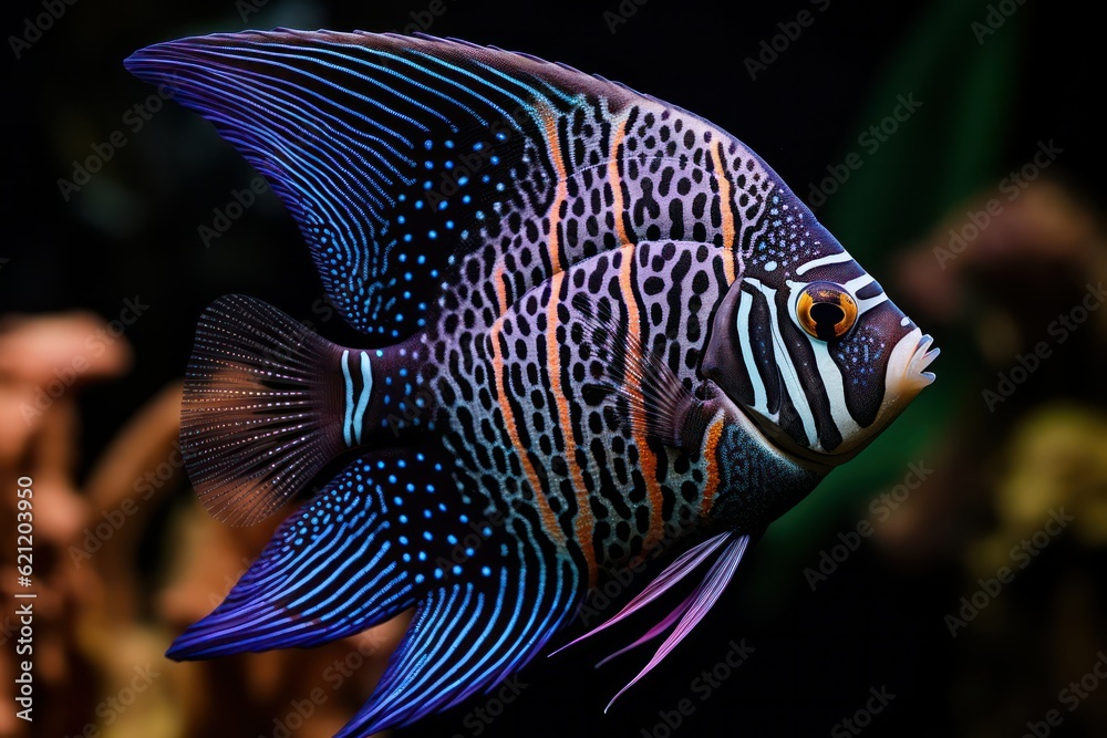Fototapeta premium A close-up shot of a majestic angelfish swimming gracefully among the coral formations, its iridescent colors and intricate patterns creating a captivating display of beauty and elegance
