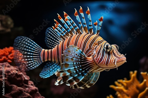 A mesmerizing image of a lionfish hovering near a magnificent coral reef, its vibrant stripes and graceful fins adding to the allure and beauty of the underwater scene