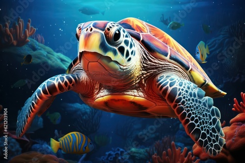 A magnificent sea turtle gracefully swimming through the coral reef, surrounded by a tapestry of vibrant fish, showcasing the harmony and interconnectedness of marine life