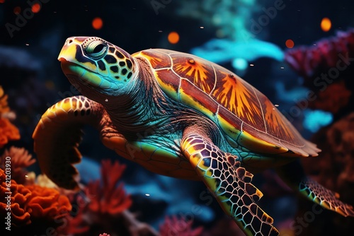 A magnificent sea turtle gracefully swimming through the coral reef  surrounded by a tapestry of vibrant fish  showcasing the harmony and interconnectedness of marine life