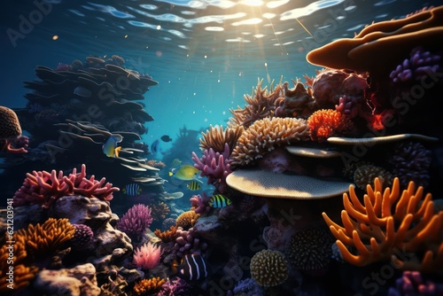 Fototapeta Naklejka Na Ścianę i Meble -  A detailed shot of a stunning coral reef with intricate coral formations and a diverse collection of colorful fish, capturing the essence of life and vitality in the underwater world