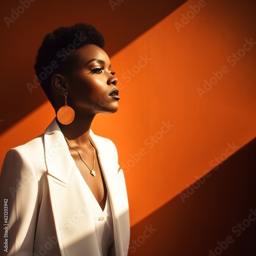 portrait of a cool and modern black woman with earrings in front of a orange wall background with copy space, fictional person created with generative ai photo