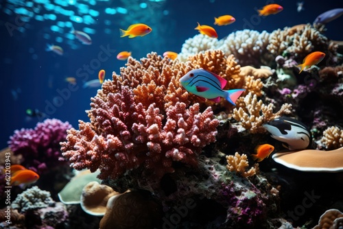 A panoramic view of a coral reef, showcasing the interplay of light and shadows on the vibrant underwater landscape, revealing the hidden depths and mysteries of the coral ecosystem