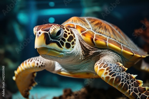 A magnificent sea turtle gracefully swimming through the coral reef  surrounded by a tapestry of vibrant fish  showcasing the harmony and interconnectedness of marine life