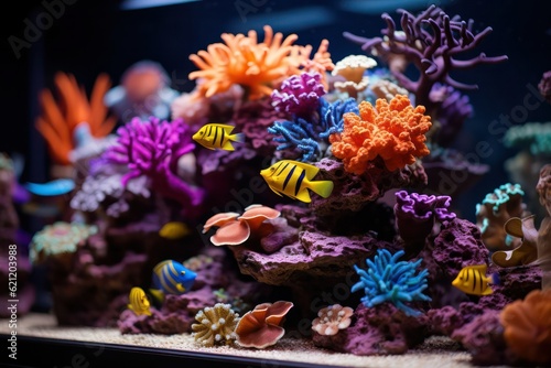An artistic composition of a vibrant coral reef  with different species of fish arranged in a harmonious pattern  evoking a sense of balance and unity in the underwater world