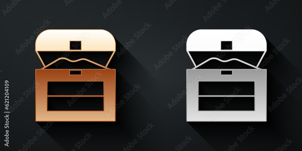 Gold and silver Antique treasure chest icon isolated on black background. Vintage wooden chest with golden coin. Long shadow style. Vector Gold and silver Antique treasure chest icon isolated on black background. Vintage wooden chest with golden coin. Long shadow style. Vector