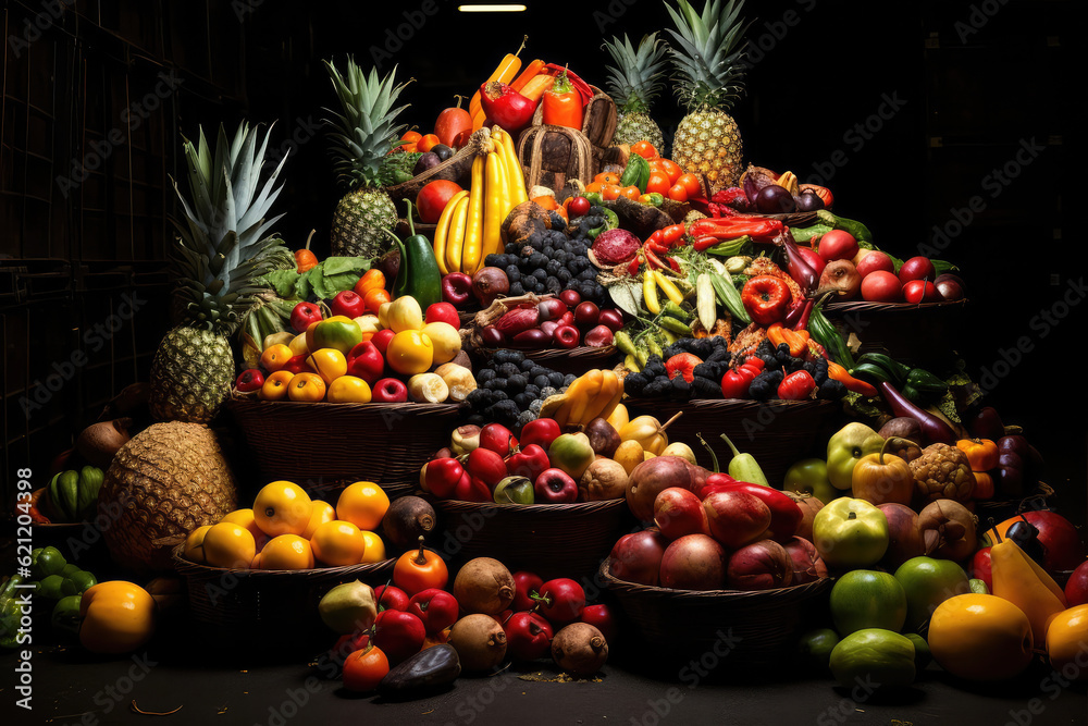 A artwork featuring a visually stunning composition of various juicy fruits, arranged in an enticing and mouthwatering display of colors and shapes in