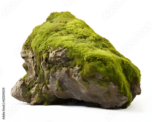 green moss on a rock isolated on white background