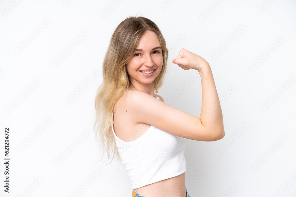 Blonde English young girl isolated on white background doing strong gesture Blonde English young girl isolated on white background doing strong gesture