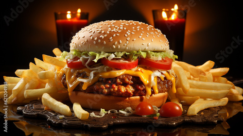 burger with fries  HD 8K wallpaper Stock Photographic Image