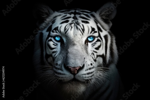 majestic white tiger with piercing blue eyes in a dark and mysterious setting. Generative AI