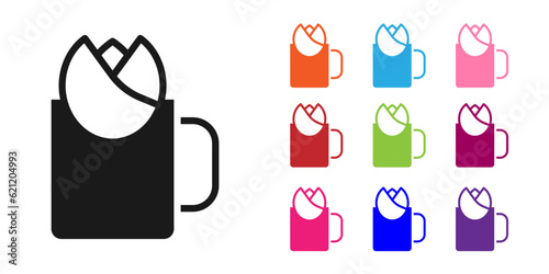Black Cup of tea with rose icon isolated on white background. Set icons colorful. Vector