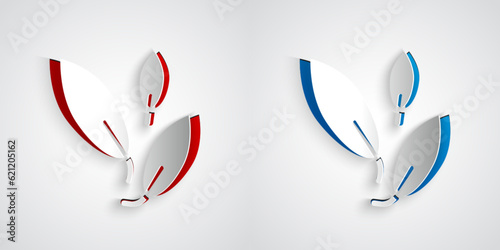 Paper cut Tea leaf icon isolated on grey background. Tea leaves. Paper art style. Vector