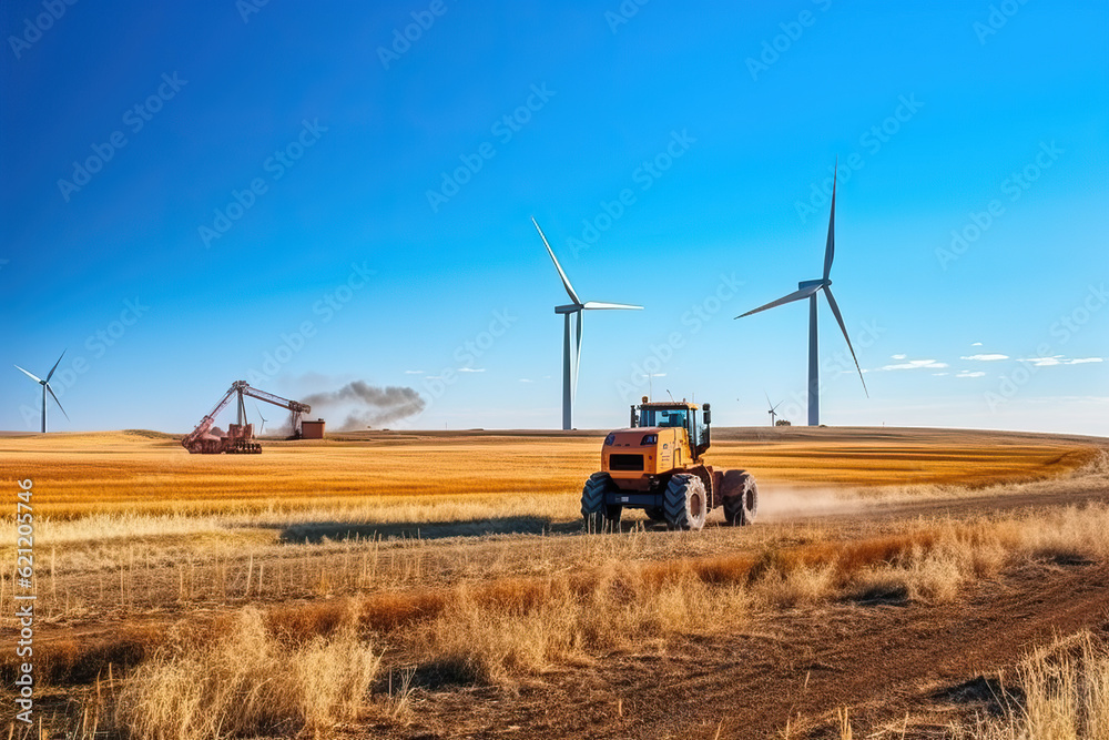 Fototapeta premium Autumn landscape. The work of the tractor on the background of windmills.