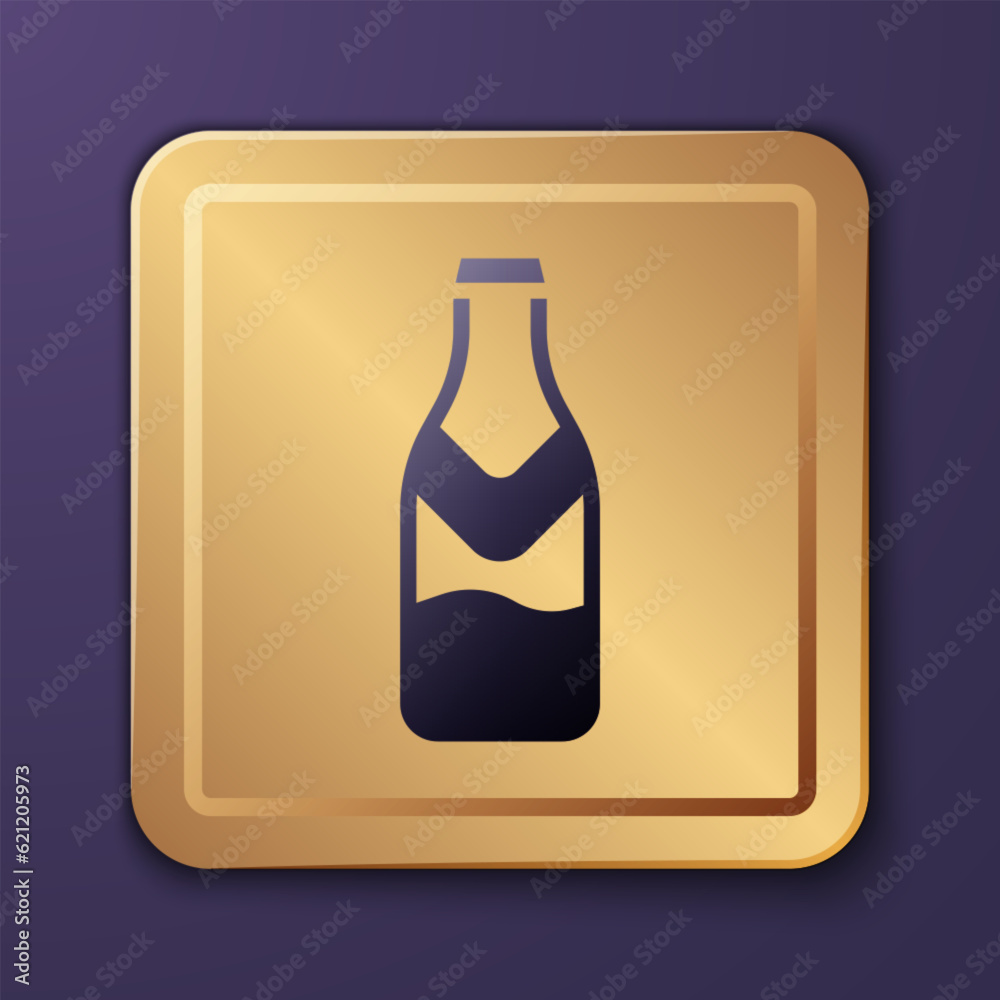 Purple Beer bottle icon isolated on purple background. Gold square button. Vector Purple Beer bottle icon isolated on purple background. Gold square button. Vector