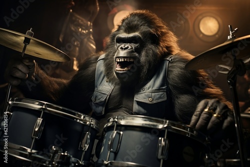 A talented gorilla drummer rocking the stage, Generative Ai