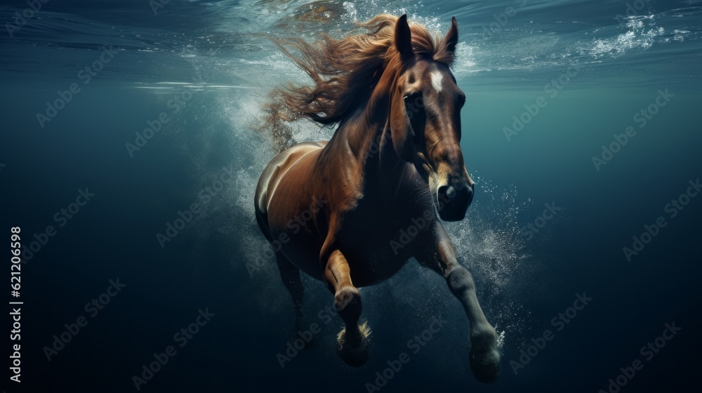 Horse jump into a water, underwater photography. Animal dive into the