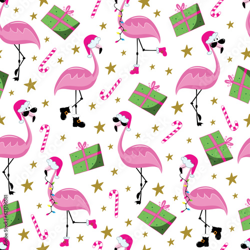 Christmas flamingo seamless pattern. Funny flamingos in Santa's hat. Gift box and candy cane. Good for textile print, wrapping and wall paper, covering.