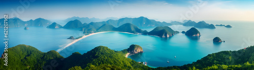 Panoramic Landscape of Ocean  Mountains  and the Serene Islands of Phuket  Thailand under a Blue Sky