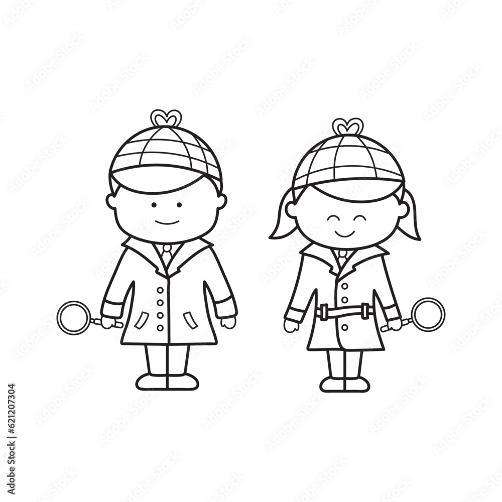 Hand drawn Kids drawing Cartoon Vector illustration Detective, man and woman with magnifier icon Isolated on White Background Hand drawn Kids drawing Cartoon Vector illustration Detective, man and woman with magnifier icon Isolated on White Background
