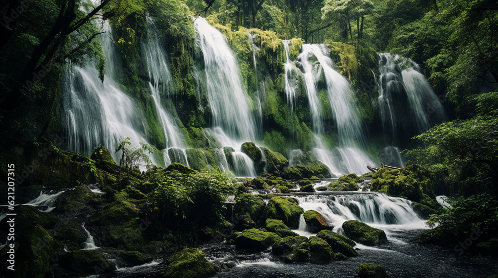 A majestic waterfall cascading down a lush green forest, capturing the allure of natural wonders Generative AI