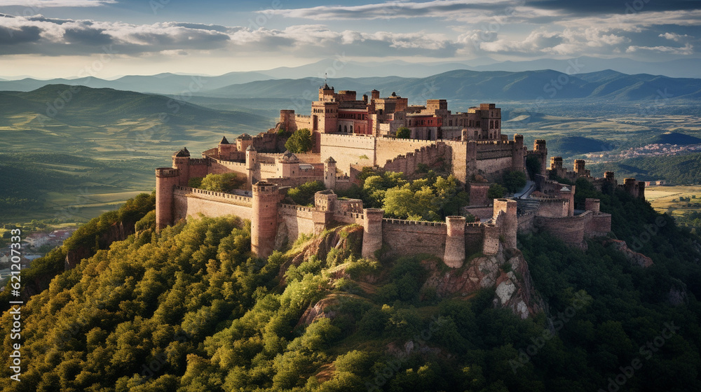 A historic castle perched on a hilltop, narrating tales of cultural heritage and architectural wonders Generative AI
