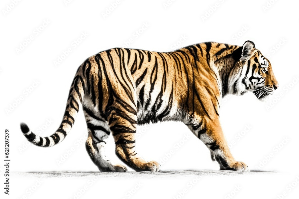 Fototapeta premium majestic tiger walking on a white background. Generative AI