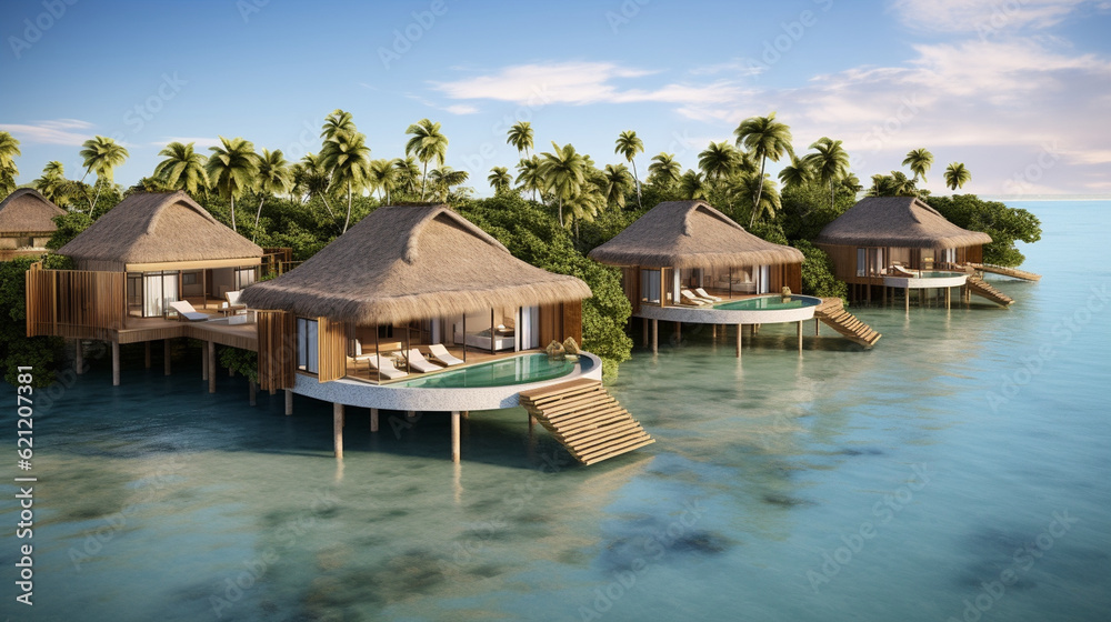 A luxurious resort overlooking a pristine blue lagoon, inviting visitors to indulge in relaxation and wellness tourism Generative AI