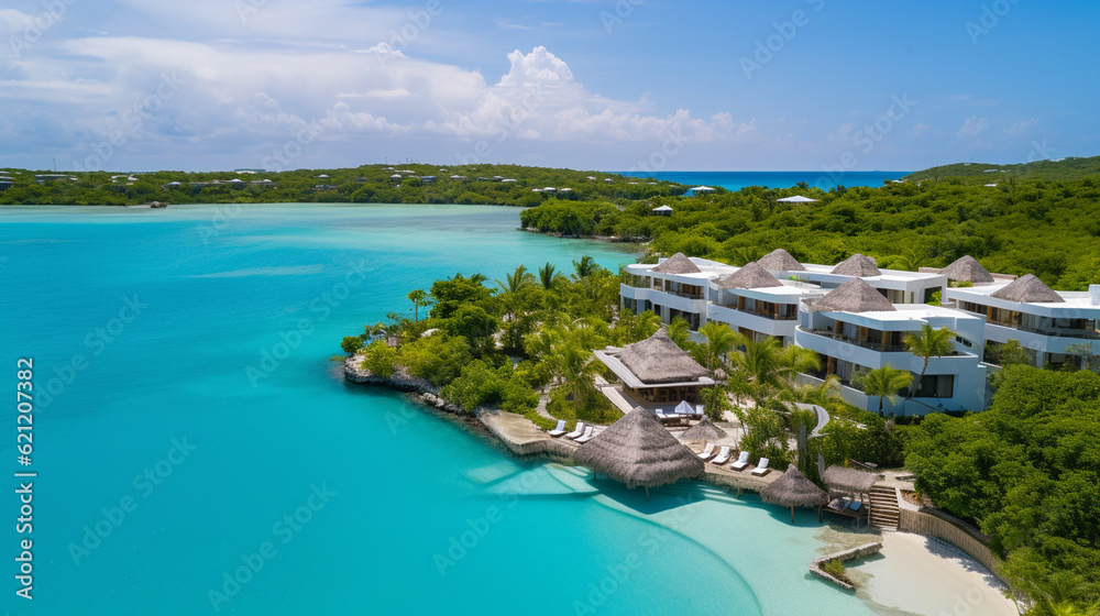 A luxurious resort overlooking a pristine blue lagoon, inviting visitors to indulge in relaxation and wellness tourism Generative AI