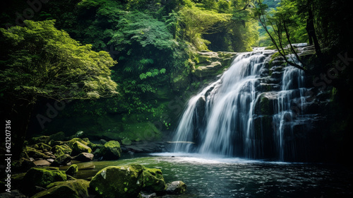 A majestic waterfall cascading down a lush green forest, capturing the allure of natural wonders Generative AI © Наталья Евтехова