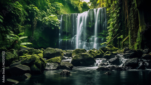 A majestic waterfall cascading down a lush green forest  capturing the allure of natural wonders Generative AI