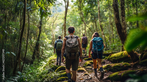 A group of friends hiking through a scenic forest, exploring the beauty of ecotourism Generative AI