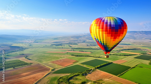 A hot air balloon floating above a patchwork of colorful fields, exemplifying the thrill of aerial tourism Generative AI