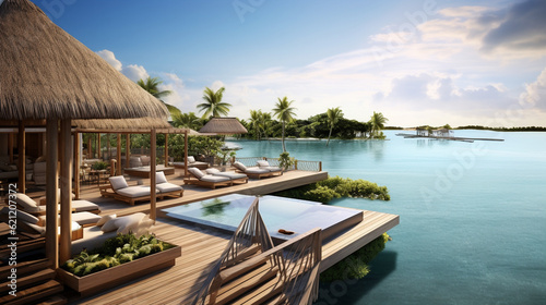 A luxurious resort overlooking a pristine blue lagoon, inviting visitors to indulge in relaxation and wellness tourism Generative AI © Наталья Евтехова