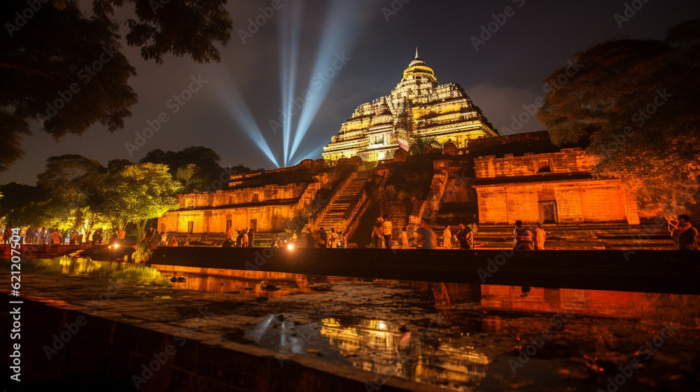 A cultural heritage site beautifully illuminated at night, inviting tourists to explore the wonders of nocturnal tourism Generative AI