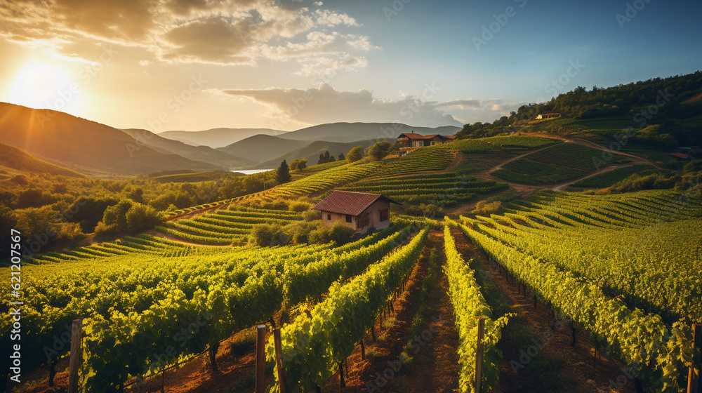 A picturesque vineyard with rows of lush grapevines, showcasing the allure of agrotourism and farm experiences Generative AI