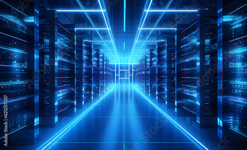 Rack housing server data storage hardware, Binary code tunnel background, Futuristic blue server room background