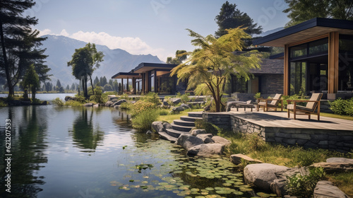 A tranquil lakeside retreat surrounded by towering mountains, inviting visitors to embrace the tranquility of nature Generative AI © Наталья Евтехова