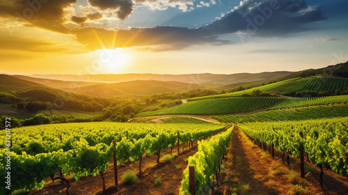 A picturesque vineyard with rows of lush grapevines, showcasing the allure of agrotourism and farm experiences Generative AI