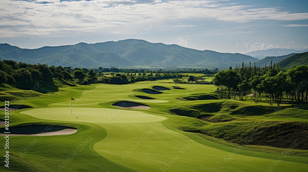 A scenic golf course with lush green fairways and beautiful landscapes, enticing golf enthusiasts to indulge in golf tourism Generative AI A scenic golf course with lush green fairways and beautiful landscapes, enticing golf enthusiasts to indulge in golf tourism Generative AI