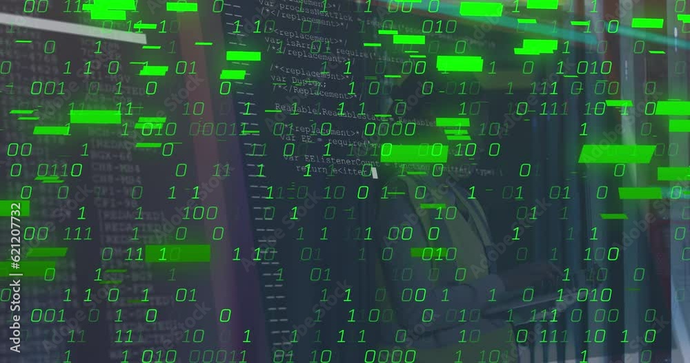 Animation of binary coding over african american female it technician and computer servers Animation of binary coding over african american female it technician and computer servers