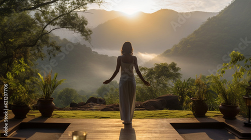 Fényképezés A serene yoga retreat nestled in nature, offering a sanctuary for wellness and s