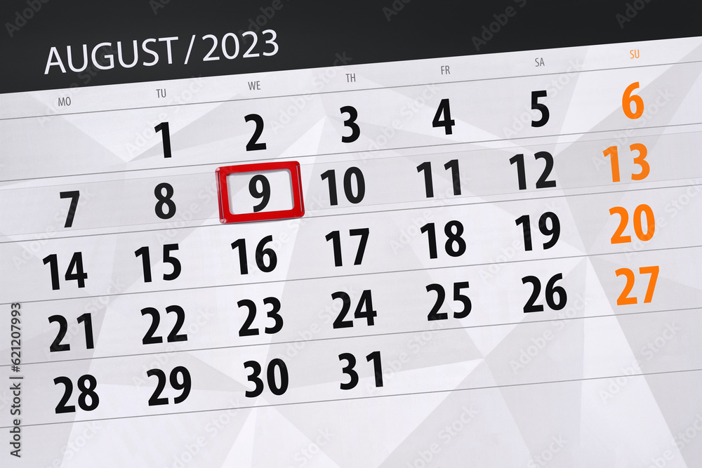Obraz premium Calendar 2023, deadline, day, month, page, organizer, date, August, wednesday, number 9